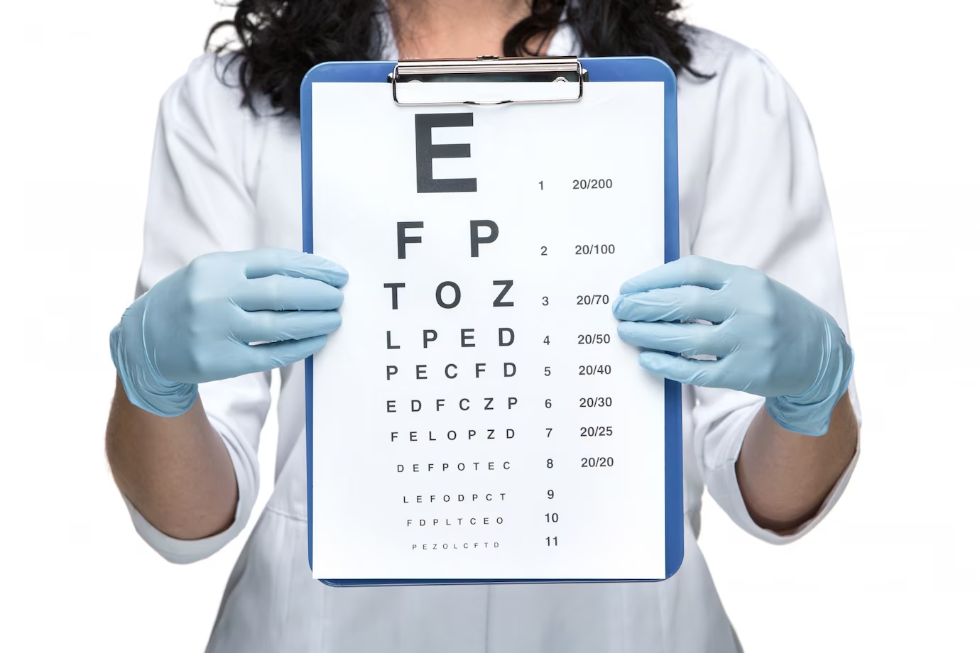 A female ophthalmologist holding an eye chart in a medical setting.