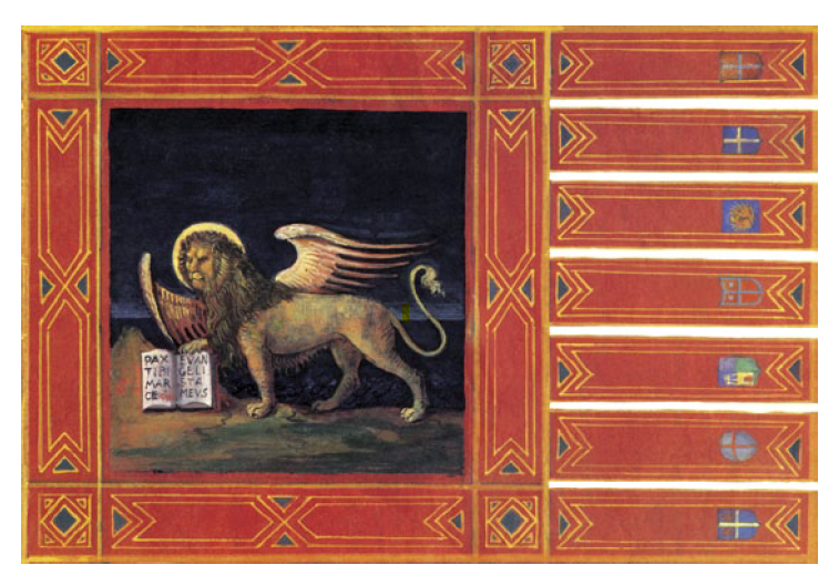 The Flag of Veneto Region with winged lion holding a book on a blue background