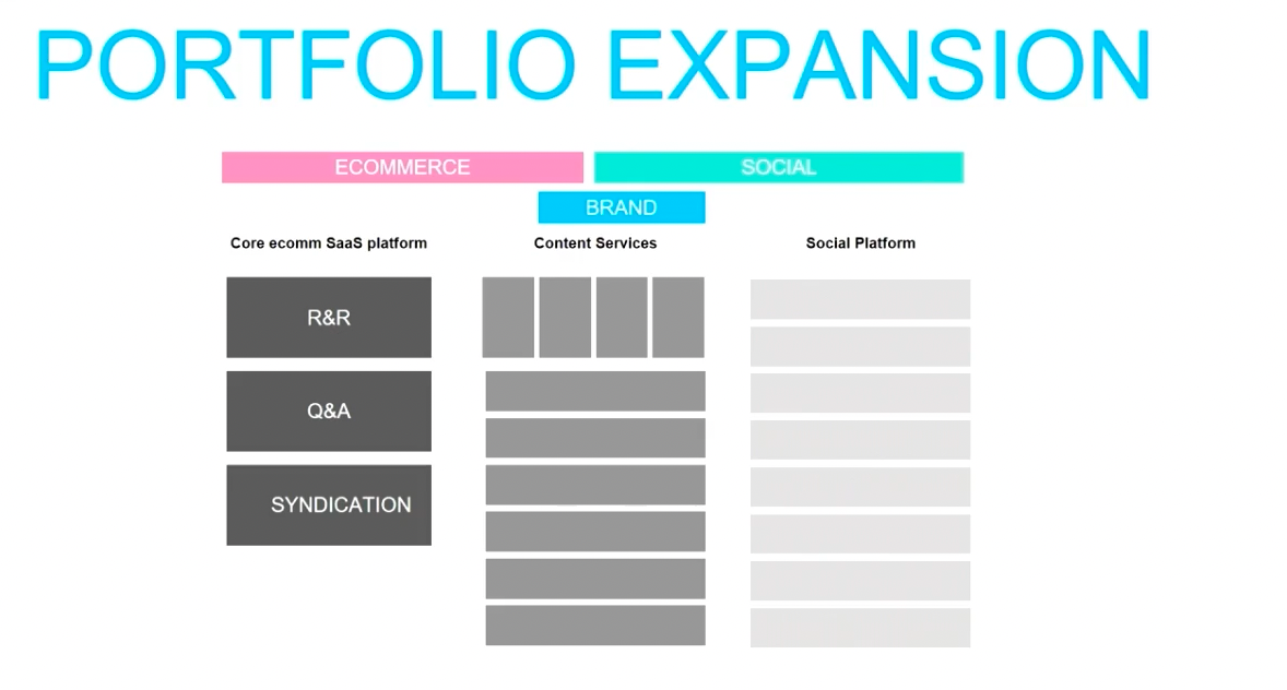 A table labelled "Portfolio expansion" split into two sections "Ecommerce" and "social" then "core Ecomm SaaS platform", "content services" and "social platform".