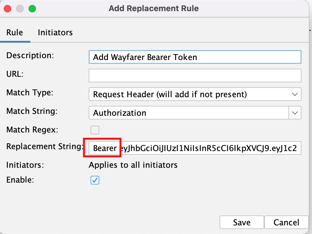 The Add Replacement Rule dialog with the Match String set to Authorization, and the Replacement String set to the JWT. The word Bearer has been added in front of the JWT, and is highlighted.