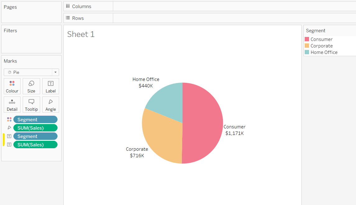 add multiple fields to the label shelf to display them on a pie chart in Tableau