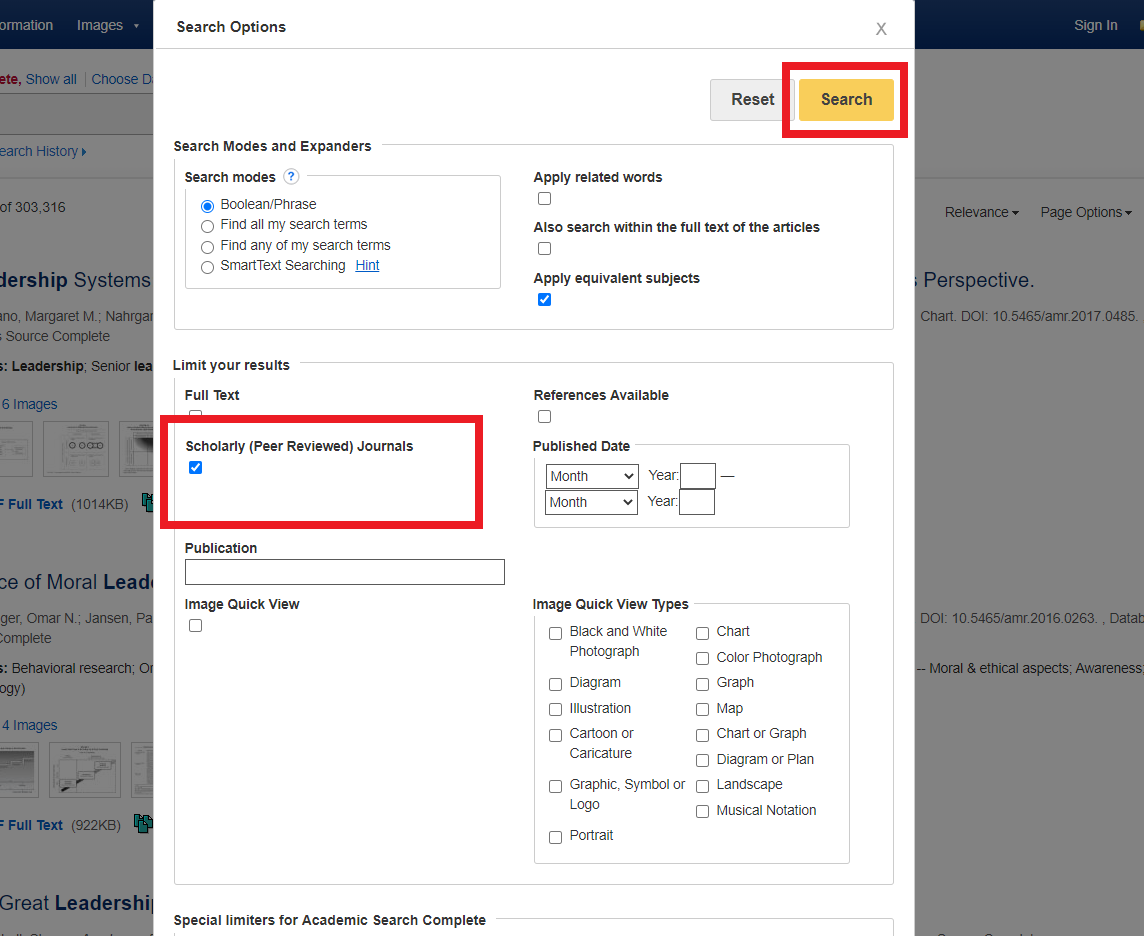 checkbox to select only peer reviewed journals