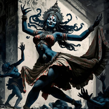 Here is an image of Kali with her serpentine hair and blue skin. Kali is wearing a sari and appears to be dancing. 