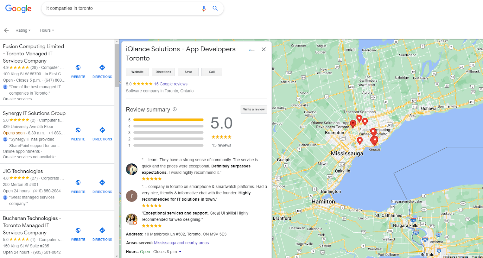 google maps search results for it companies in toronto