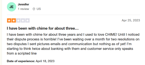 A two-star Chime review from a customer who claims the dispute process takes over a month. 