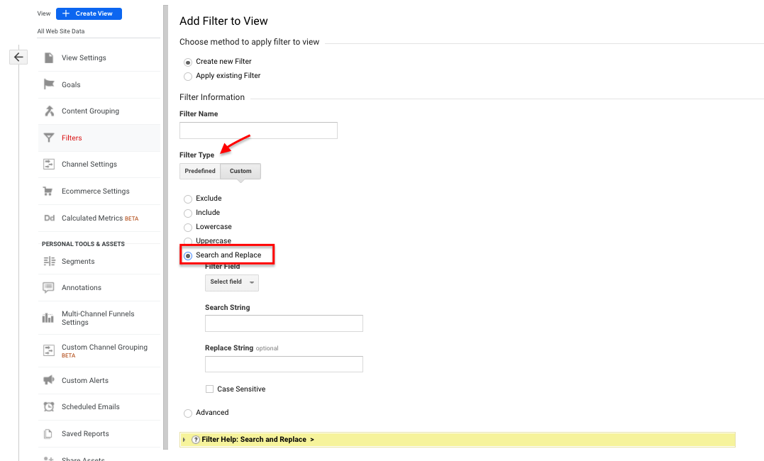Search and Replace feature in Google Analytics