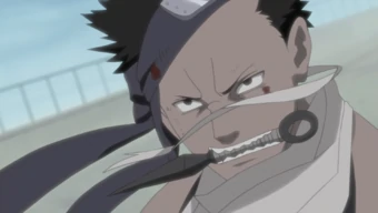 Zabuza biting his kunai in his mouth. 