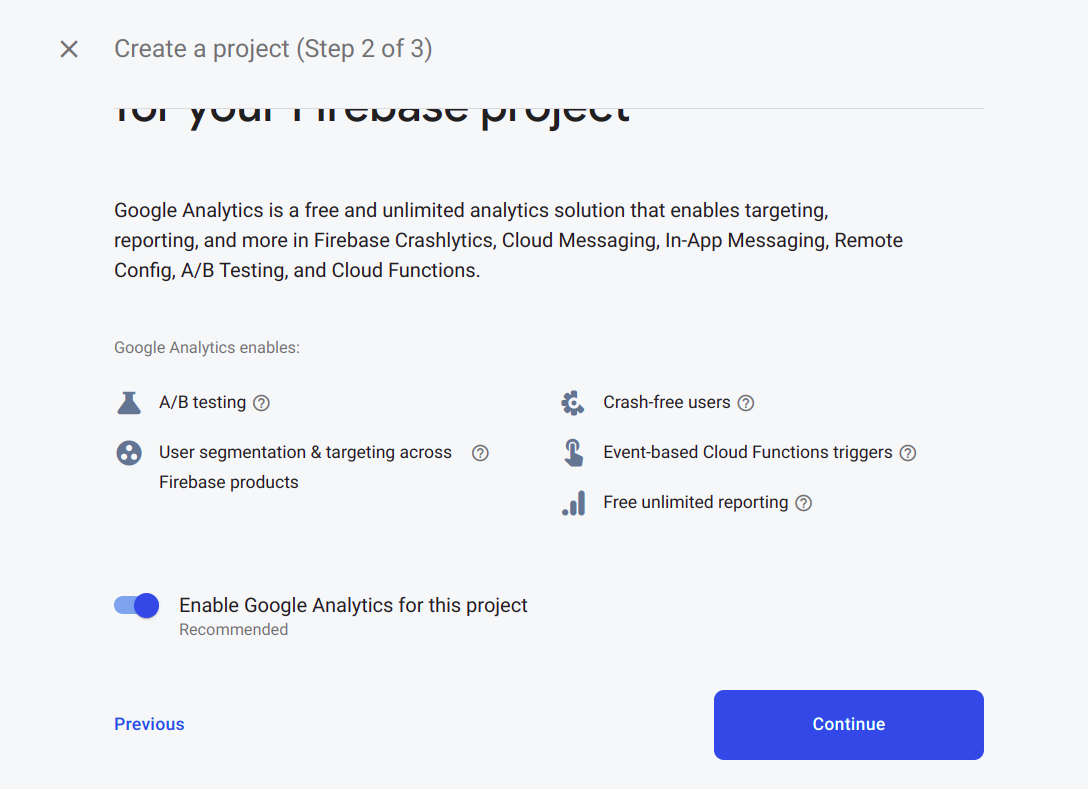 Firebase Create project - Edit Analytics