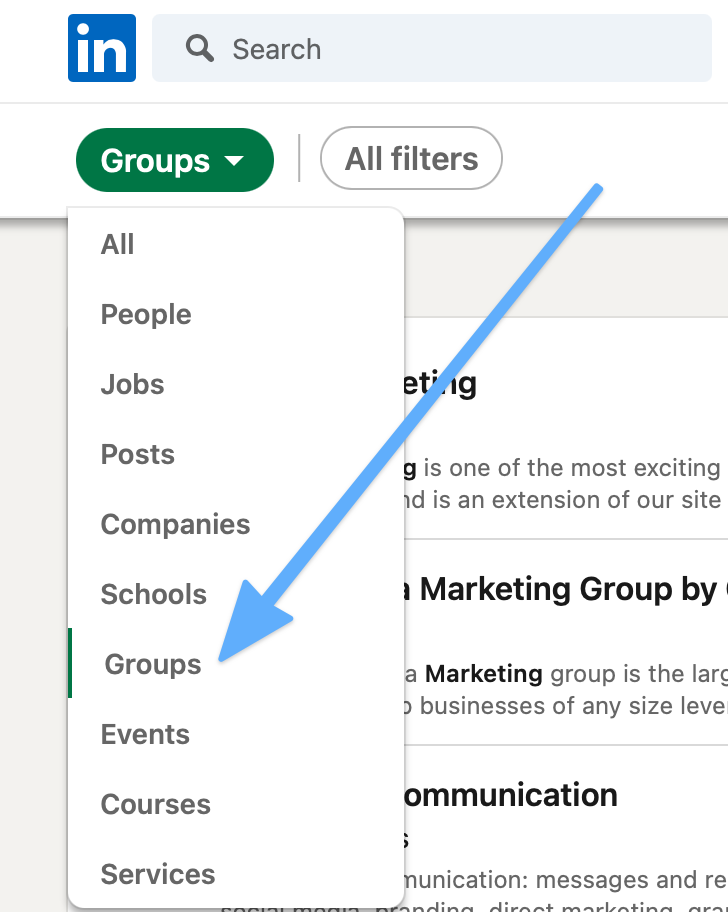 Find groups by typing in your keyword, then filtering for “Groups”