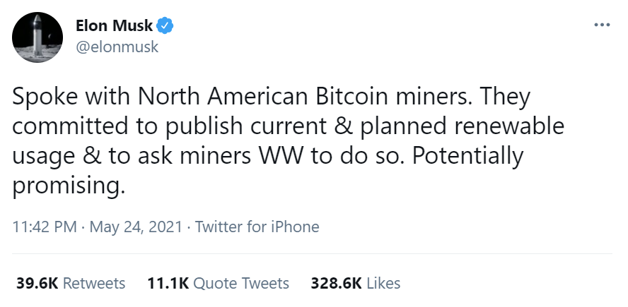 Elon Musk Tweet about North American Bitcoin miners