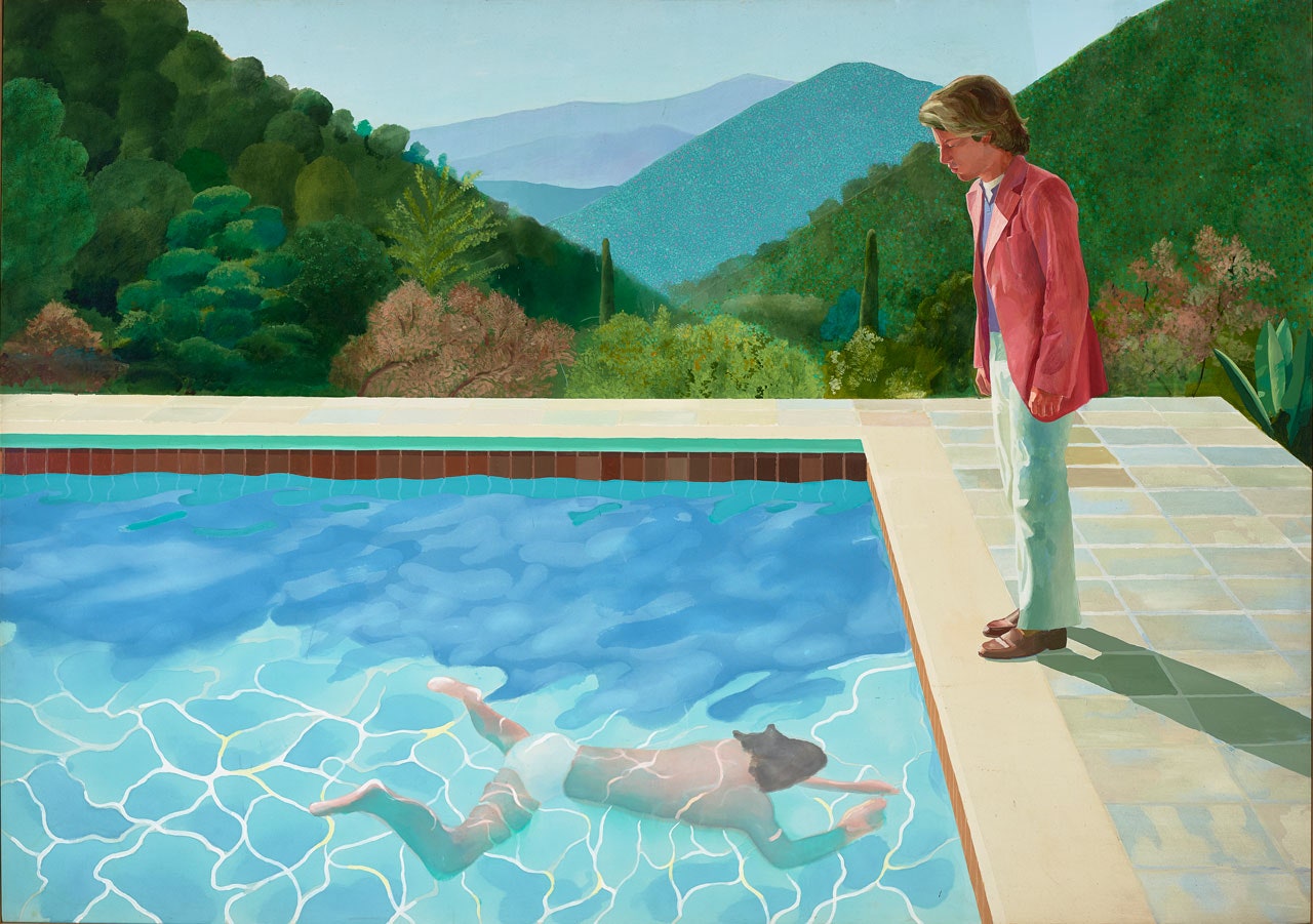 A David Hockney painting of a person swimming in a pool while another person looks down at them from the edge of the pool.