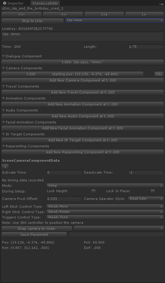 A screenshot of our old line editing tool, which has several arrays of components attached, along with buttons that allow you to add new components to the arrays. The component arrays include Dialogue components, Camera components and Animation components.