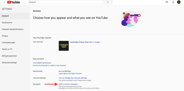 how to add or remove managers from a youtube account