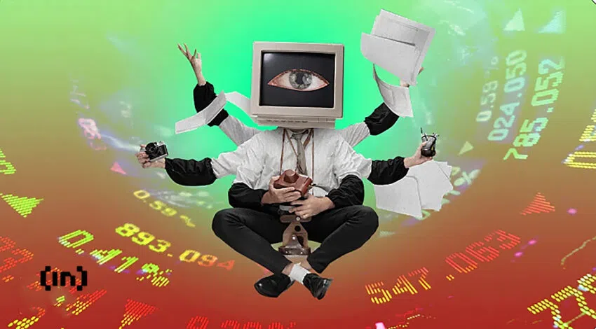 Ein Mann im Schneidersitz mit einem Monitor als Kopf, auf dem ein einzelnes Auge abgebildet ist, wirft mit seinen vier Armen Dokumente um sich. Er ist zudem von Marktpreisen umgeben. Es geht um den Bitcoin Fear and Greed Index - Ein Bild von BeInCrypto.com.