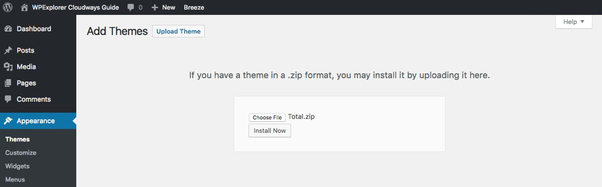 Cloudways: Carregar arquivo zip do tema WordPress