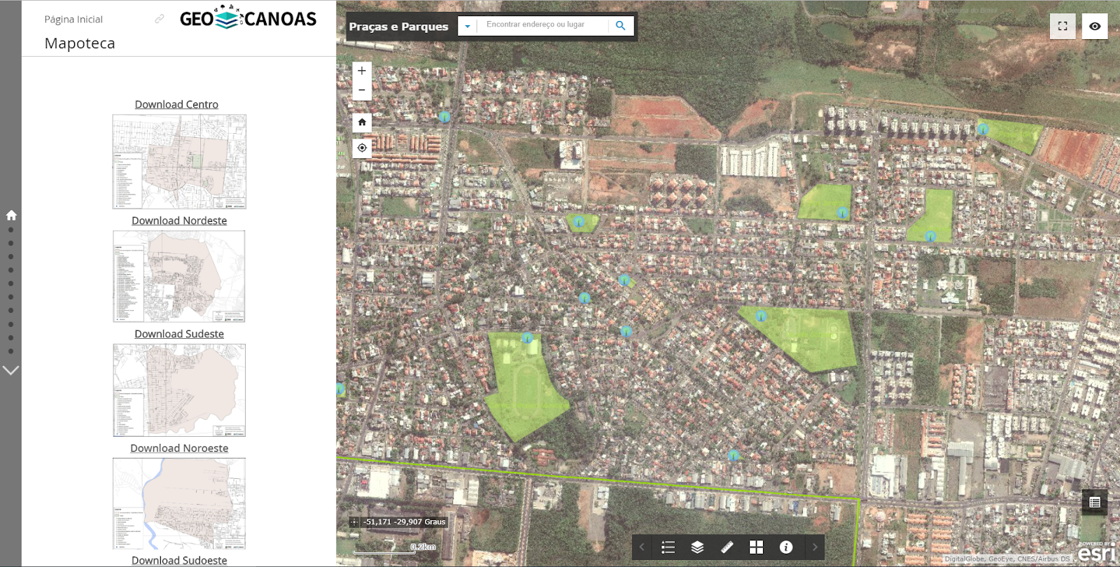 Captura de tela de aplicação do GeoCanoas na seção Mapoteca, com mapa da cidade de Canoas.