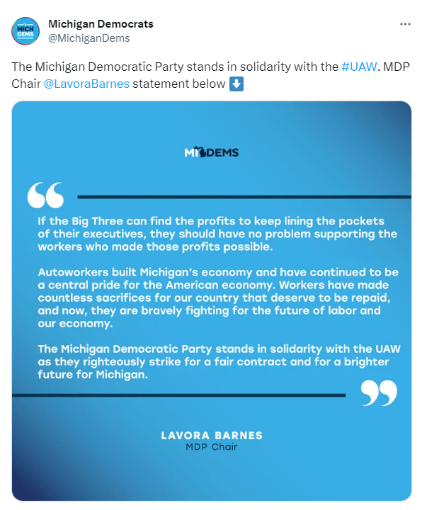 Screenshot of a tweet from the Michigan Dems with a graphic of the statement from Chair Barnes on the UAW workers' strike