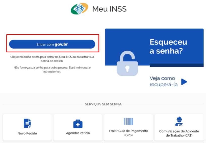 Passo 1 - Acessar site meu inss e clicar em entrar com gov.br