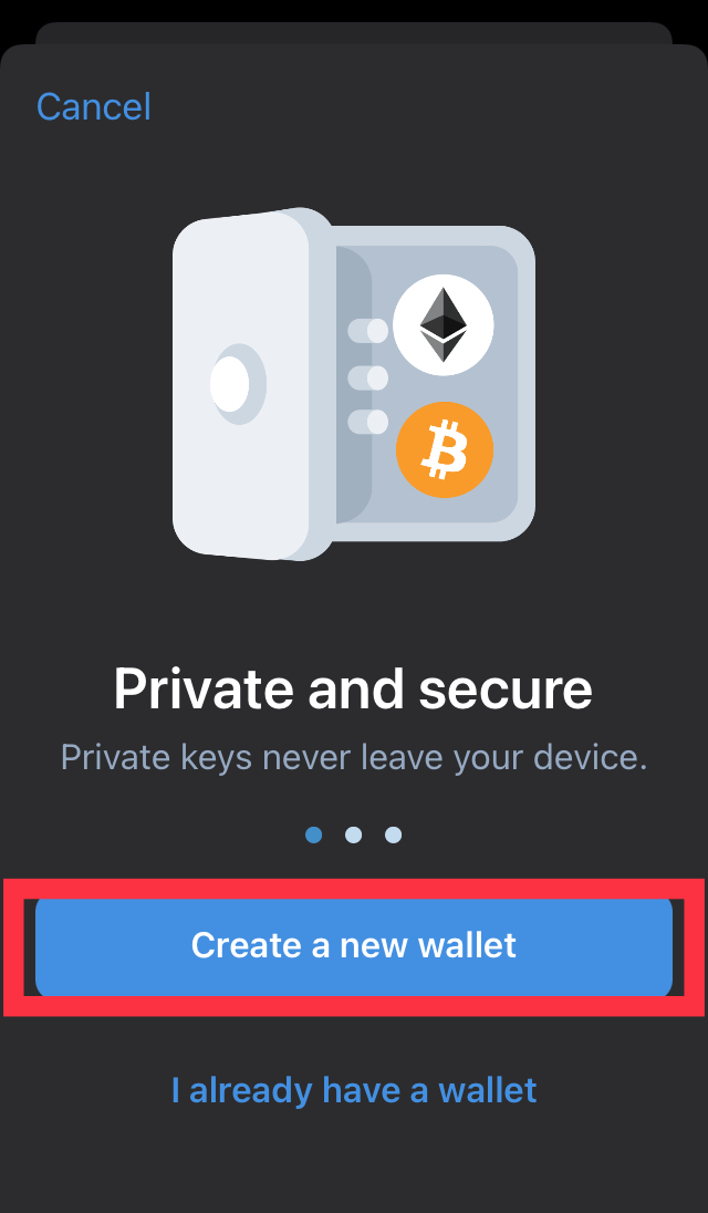 Create a new wallet” button in the Trust wallet