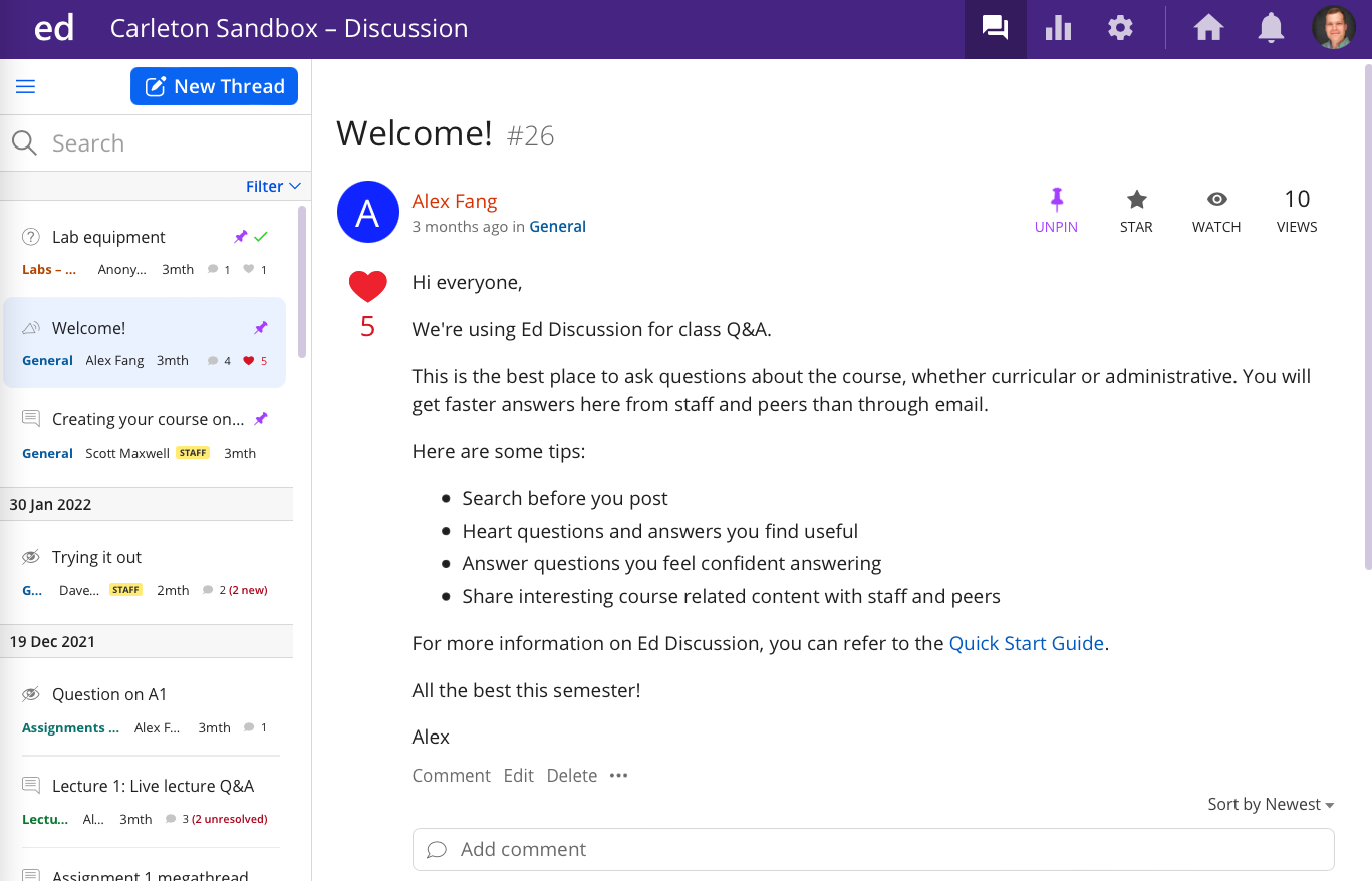 The Ed Discussion interface has threads on the left side below a search bar and displays posts on the right. The interface looks similar to Slack or Discord.