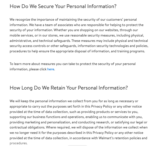 walmart privacy policy - data storage and security