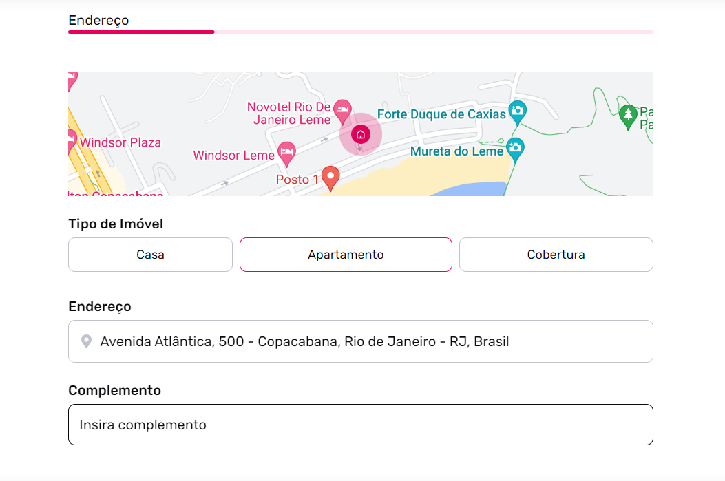 Como avaliar um imóvel: Imagem do site da EmCasa com mapa e campos para inserir o endereço