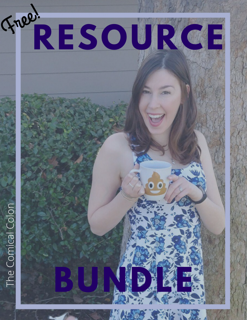 Jenna holding poop mug on the cover of The Comical Colon's Free IBD Resource Bundle