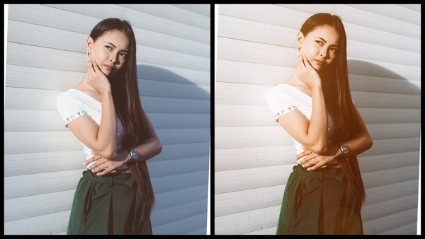 antes e depois da foto de uma mulher morena sendo que uma está mais iluminada que a outra