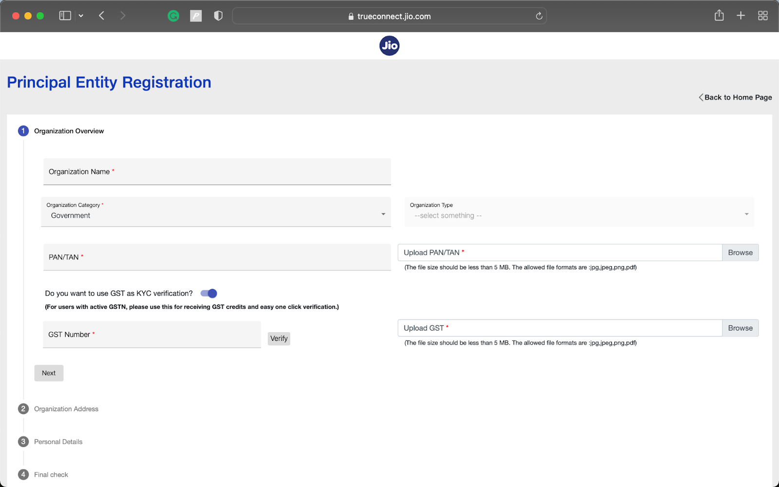 Principal Entity Registration on the Jio DLT portal | SMSCountry