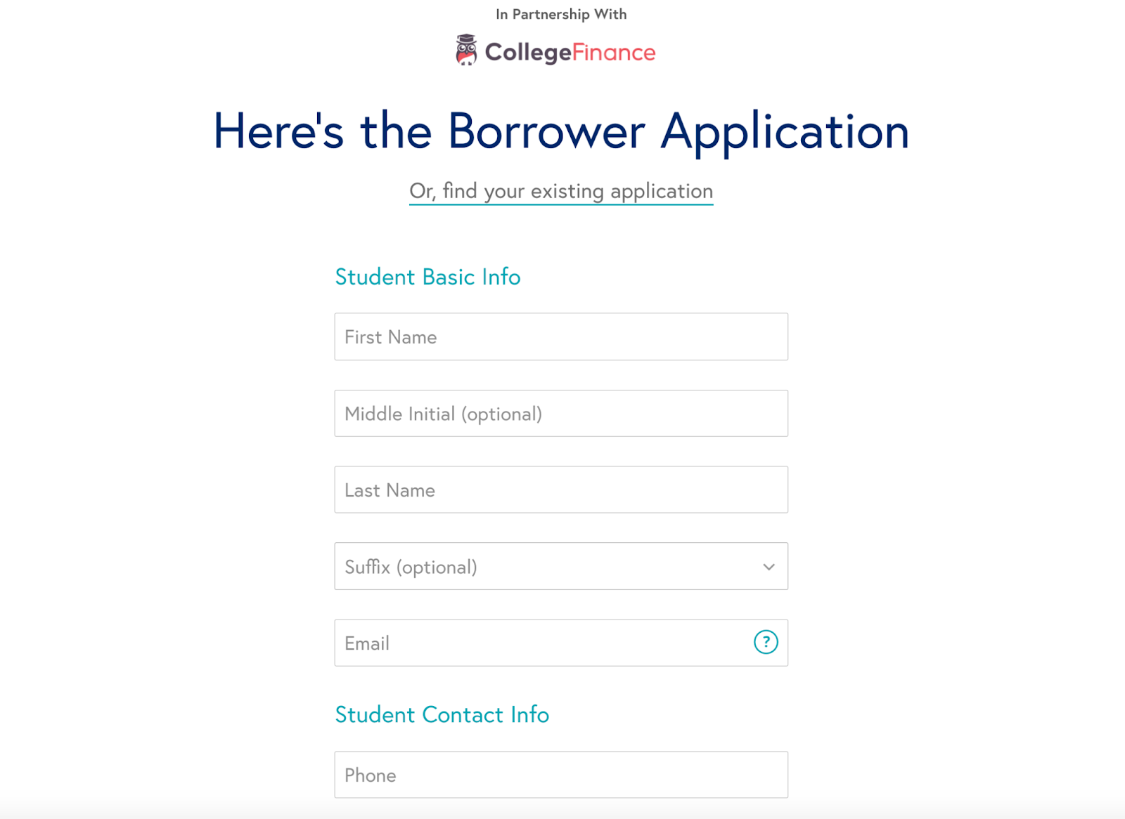 Screenshot of College Finance application process. Input your information.