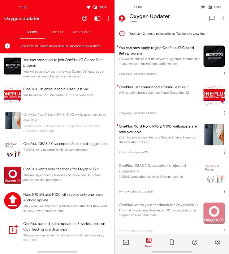 Long-time users of our app would know that we routinely publish articles that cover OnePlus, OxygenOS, project status, and other software-related research topics. The redesign brings this screen to be more in line with news applications (text on the left, image on the right etc). We also added author names and relative timestamps (e.g. 6 days ago) to aid you in figuring out how recent an article is. Users used to share our articles on social forums via screenshots, which of course isn't ideal. So we've also added copy/share link functionalities that can be accessed via the overflow/options/3-dot icon. You can also mark individual articles as read through this icon (previously you could only mark all articles as read).