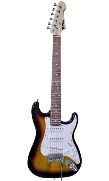Guitarra infantil da PHX, modelo IST-1, de cor sunburts, em pé contra fundo branco: modelo com 93 cm de comprimento e vários recursos.
