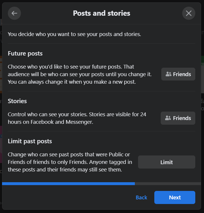 Privacy settings for future posts and stories, and limiting past posts.