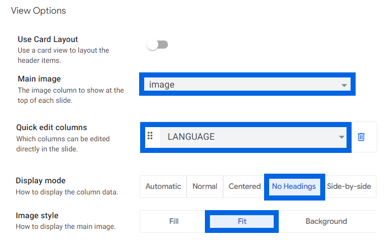 Détail de la section des View Options