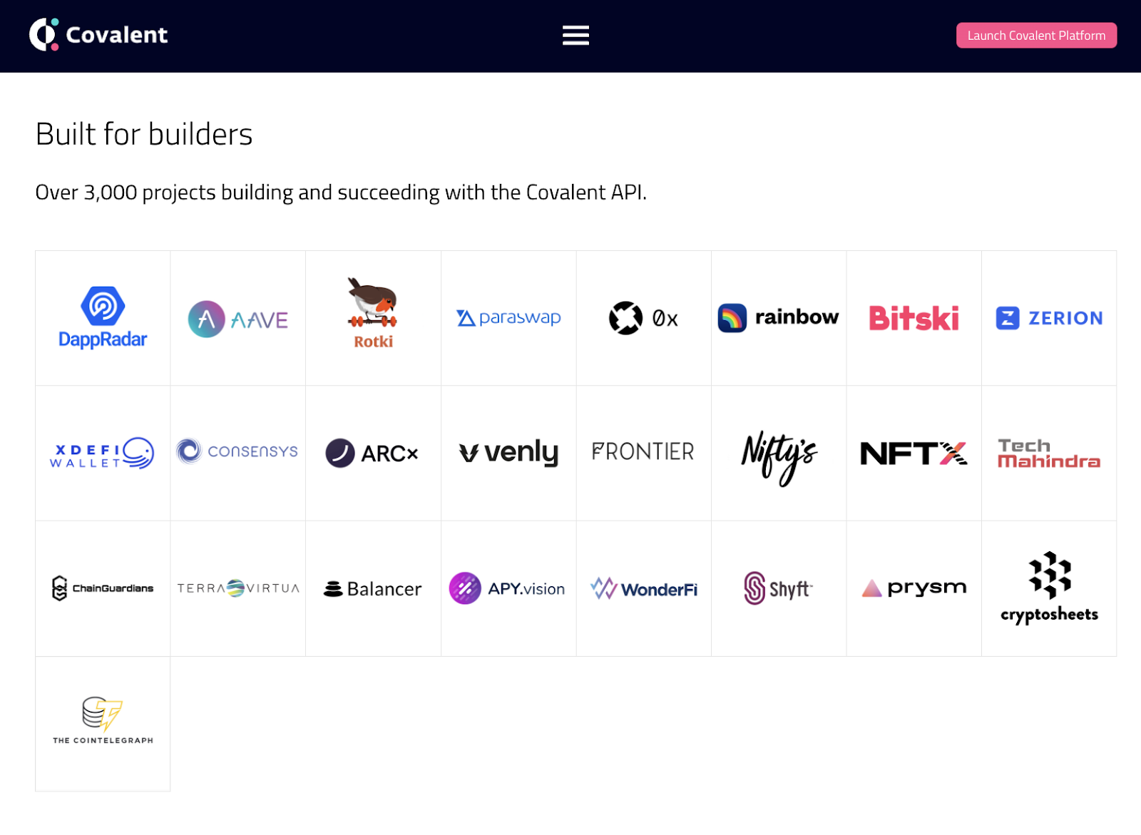 A list of projects using Covalent API, including DappRadar, AAVE, Rotki, etc.