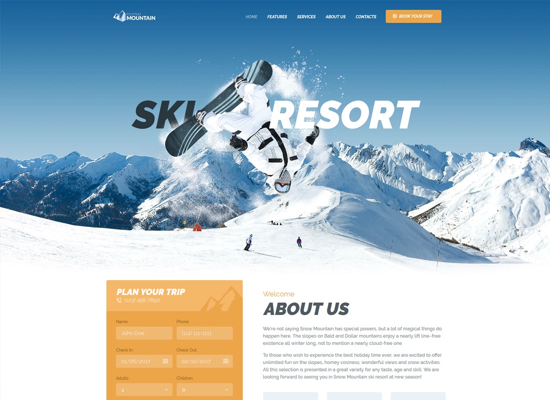 Montaña nevada |  Tema de WordPress para estación de esquí y escuela de snowboard