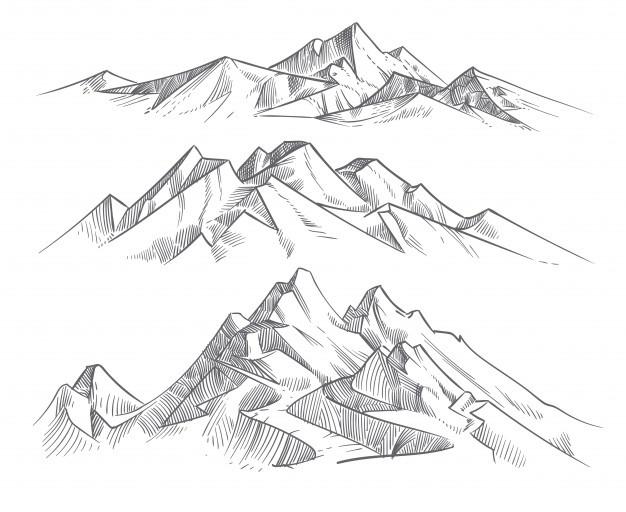 Hand drawing mountain ranges in engraving style. vintage mountains panorama vector nature landscape. peak outdoor sketch, landscape mountain range illustration