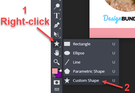 Shows how to select the Custom Shape tool in DesignScape