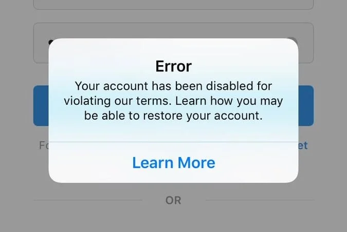error message when your account is disabled for buying Instagram likes