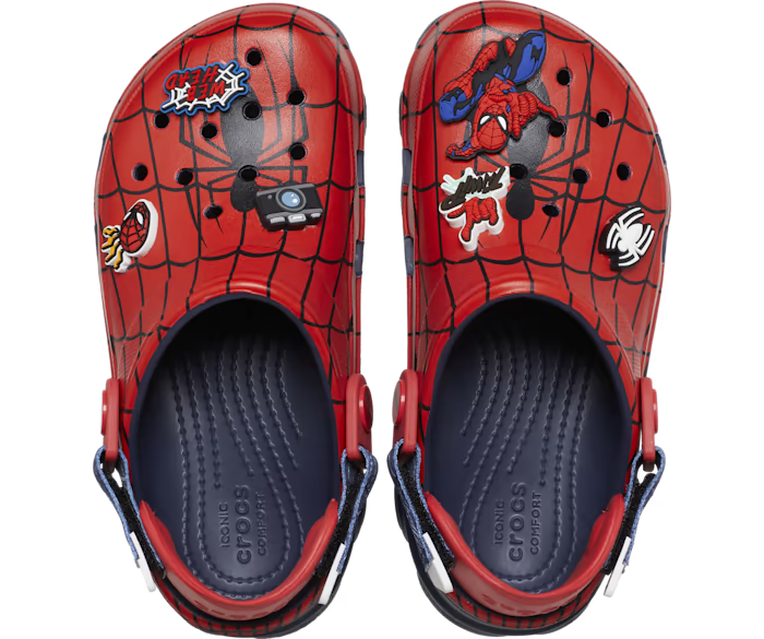a pair of spiderman crocs