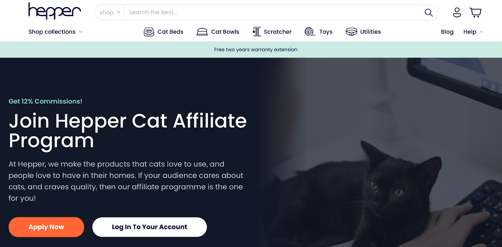 Pet affiliate program Hepper's landing page for affiliates.