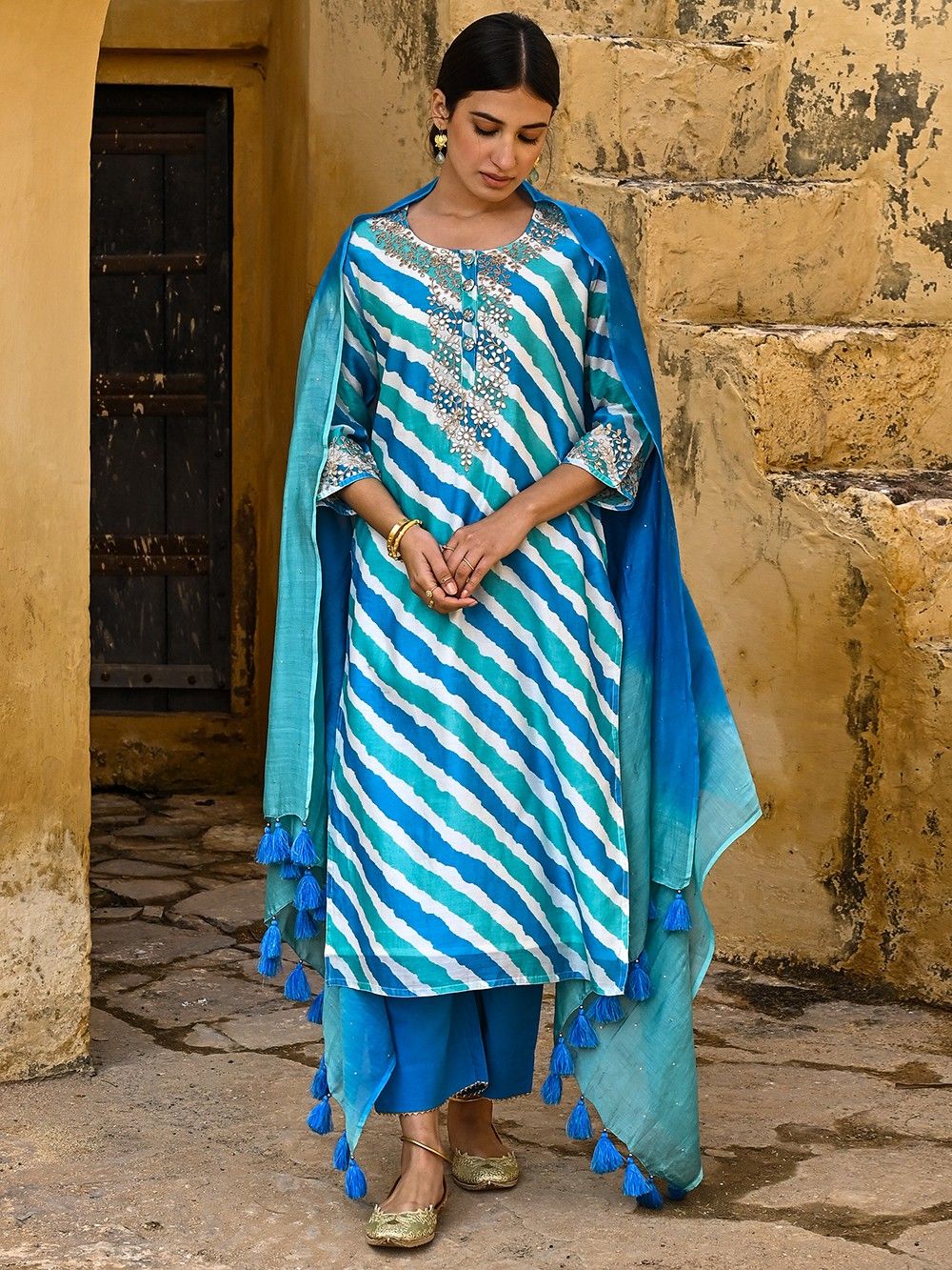the loom - Blue Leheriya Chanderi Kurta