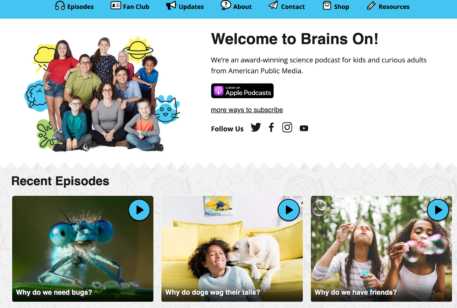 Screenshot of Brains On! podcasts for kids website. 