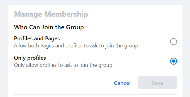 When a user is setting up a Facebook Group, one of the settings an Admin is faced with is whether they want to allow pages to join