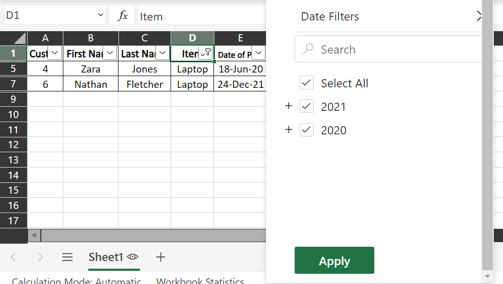 Apply separate filter in another column