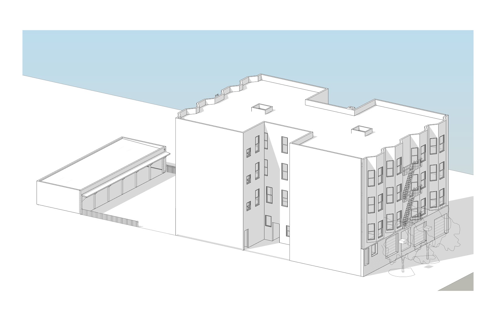 existing apartment building with freestanding garage