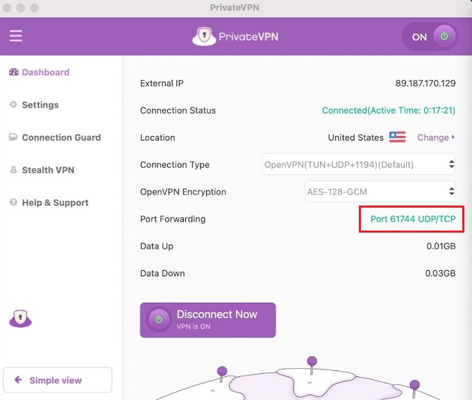 PrivateVPN Port Forwarding settings