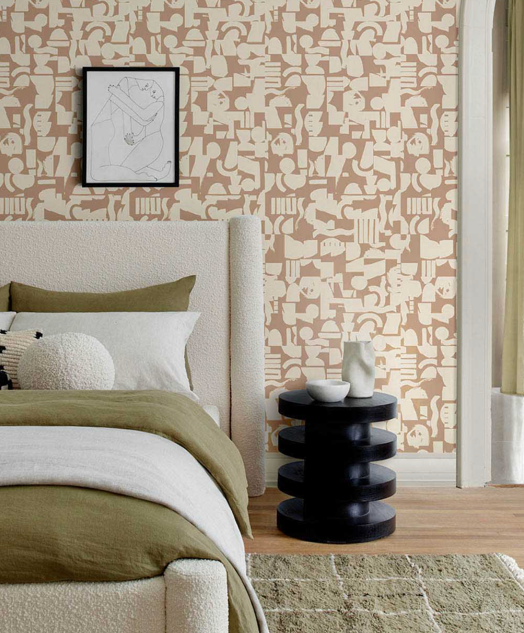 Bedroom with geometric, modern wallpaper. Picture Description by East and Gray Interiors Columbus Ohio Interior Designer
