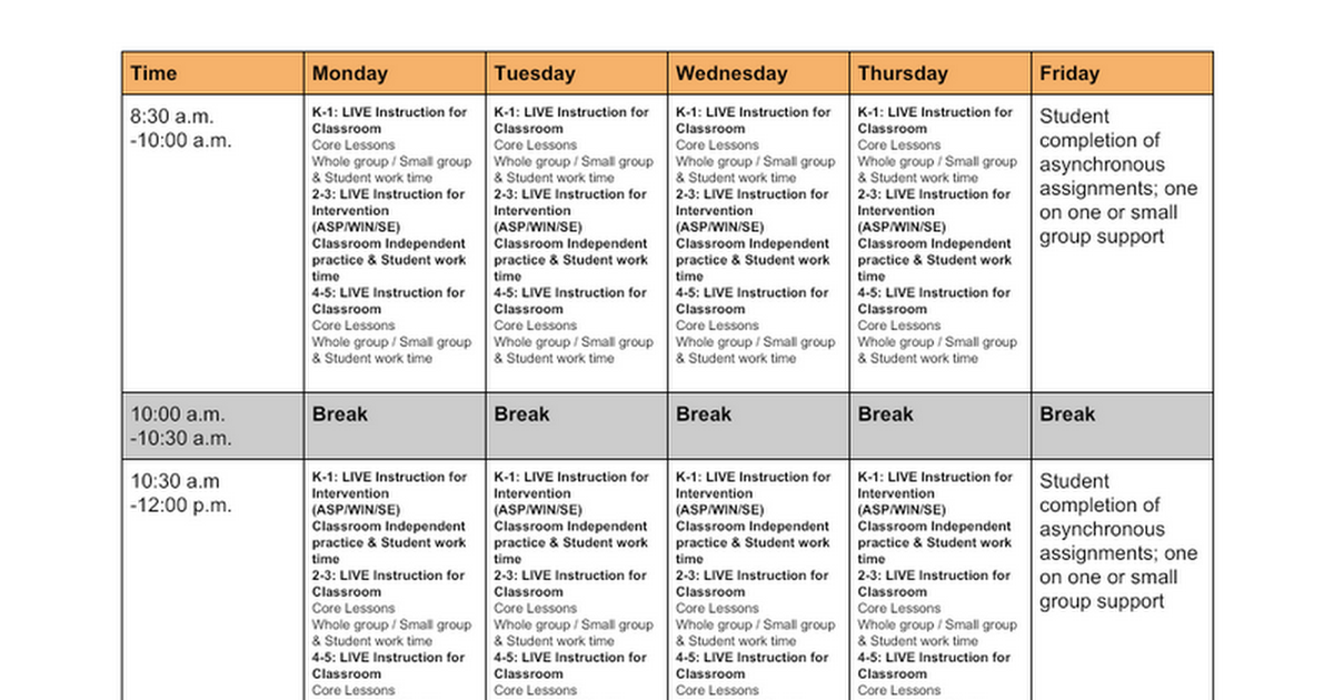 Remote Learning Schedule - K-5