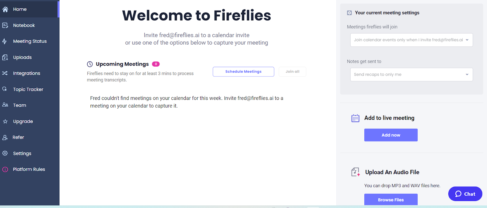 WebEx integration from Fireflies Dashboard